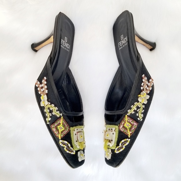 Fendi Shoes - Vintage Fendi Black & Lime Green Embellished Mules